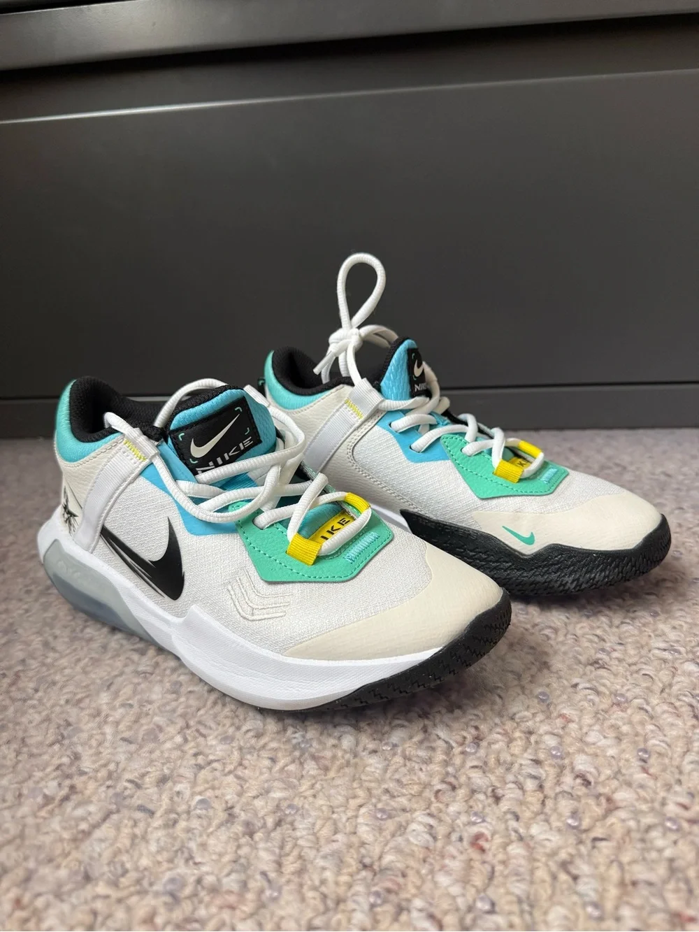 Nike Kids White Teal & Black Athletic Sneakers with Yellow Accents
